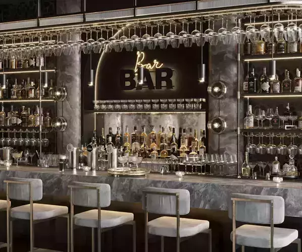 Bar Interior Bar Counter with alcohol and glasses 3D model