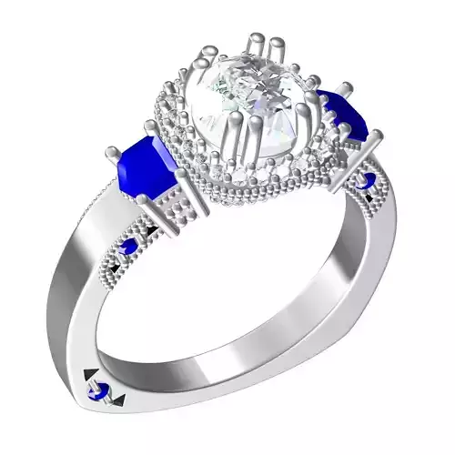 Round Moissanite and Side Blue Sapphire Halo Wedding Ring