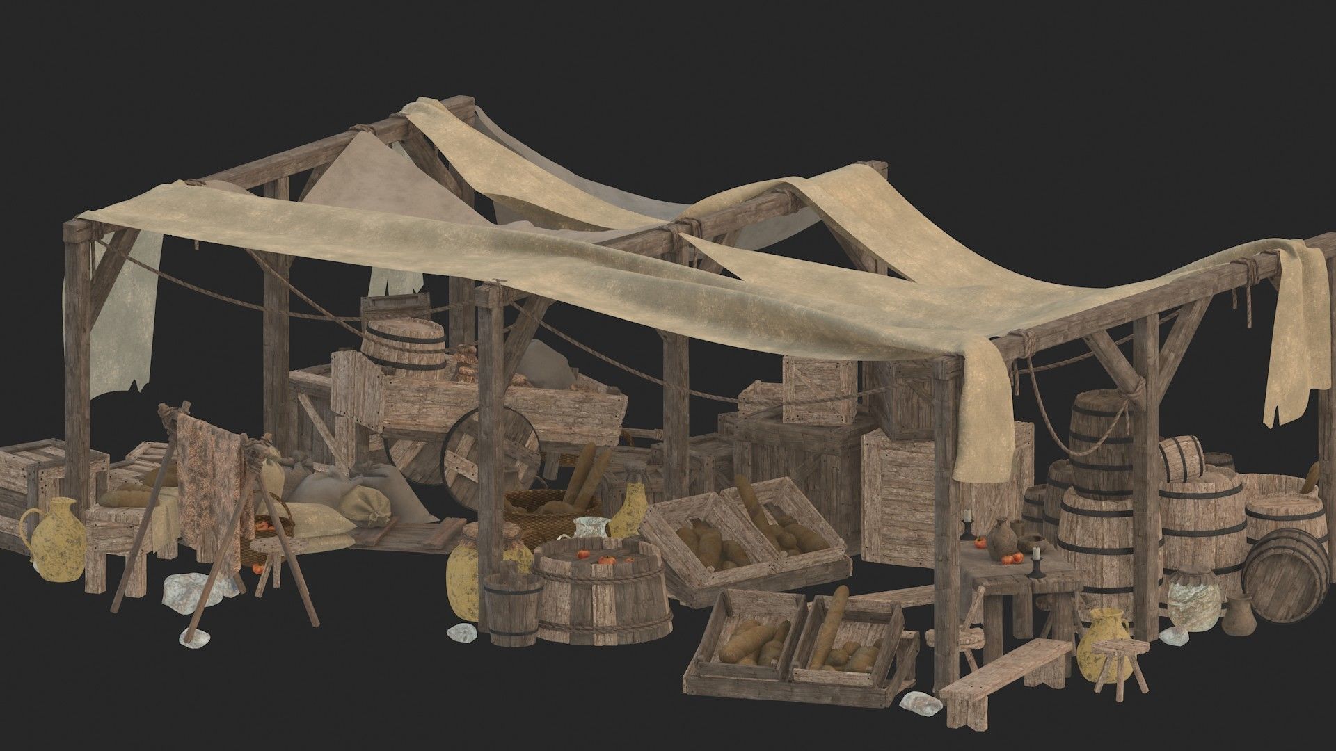 medieval market Low-poly 3D model_4