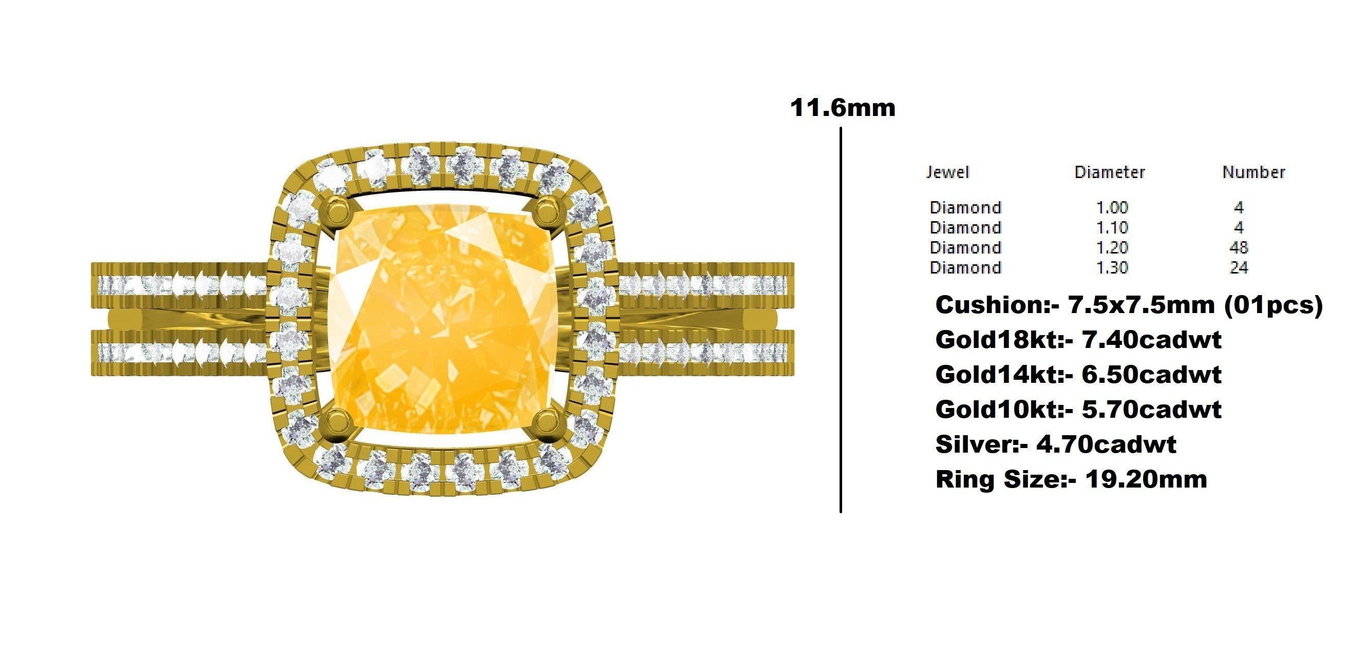 Cushion Cut Fancy Yellow Diamond Solitaire Engagement Ring 3D print model_12