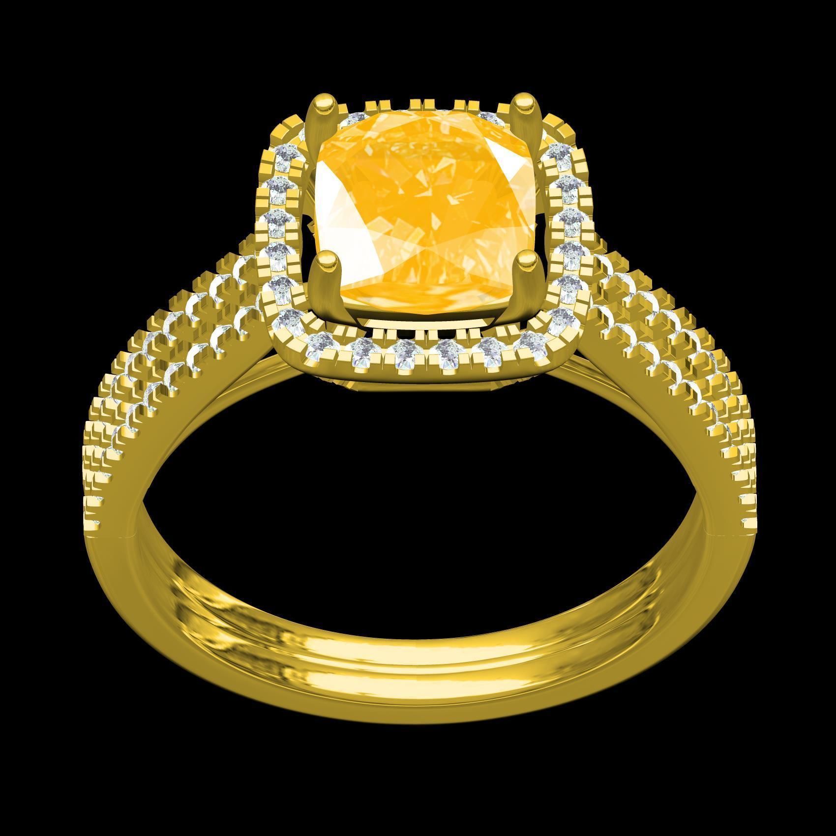 Cushion Cut Fancy Yellow Diamond Solitaire Engagement Ring 3D print model_9