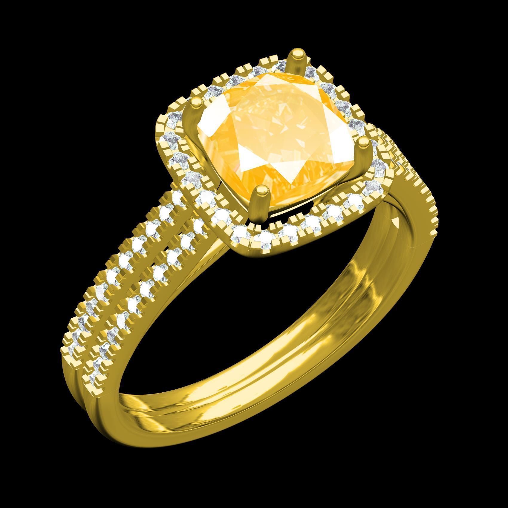 Cushion Cut Fancy Yellow Diamond Solitaire Engagement Ring 3D print model_11