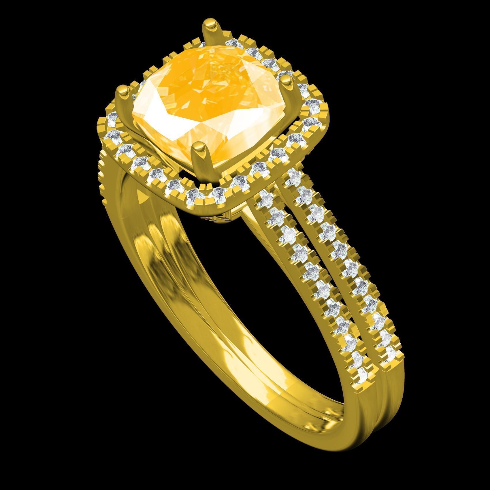 Cushion Cut Fancy Yellow Diamond Solitaire Engagement Ring 3D print model_10