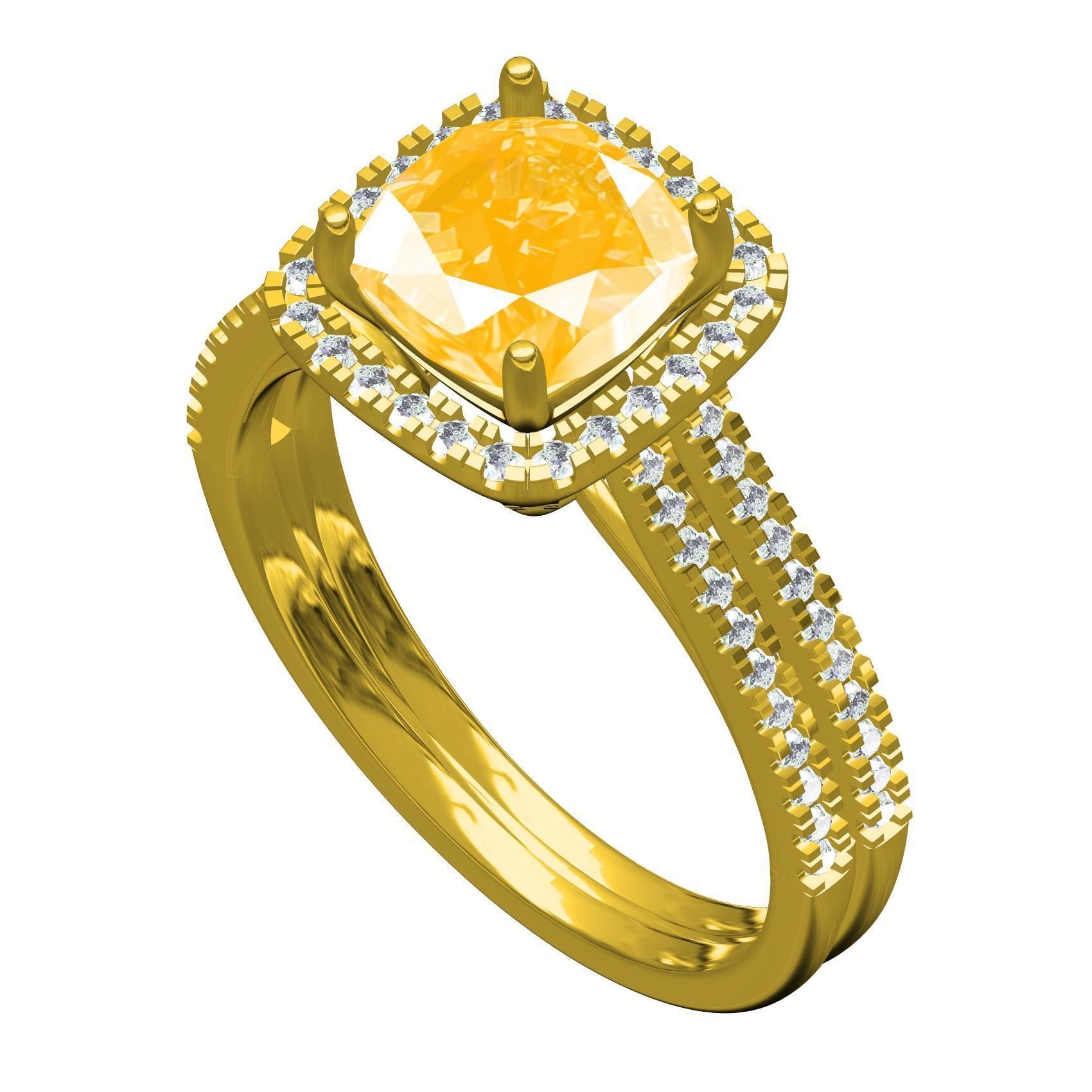 Cushion Cut Fancy Yellow Diamond Solitaire Engagement Ring 3D print model_1