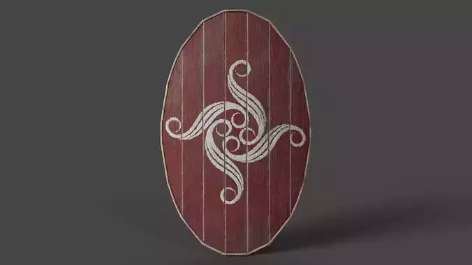 Slavic ellipse shield-painted red with radial symbol Low-poly