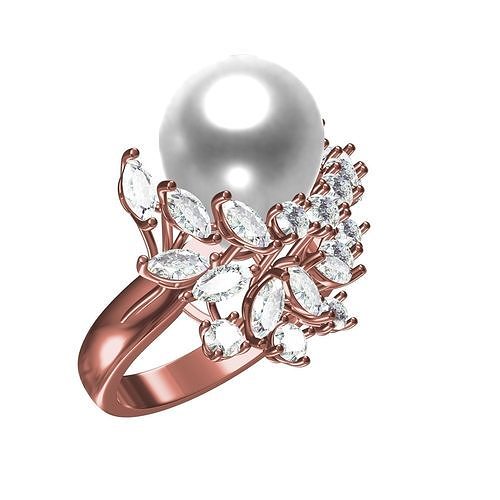 Pearl Diamond Floral Design Cocktail Ring 3D print model