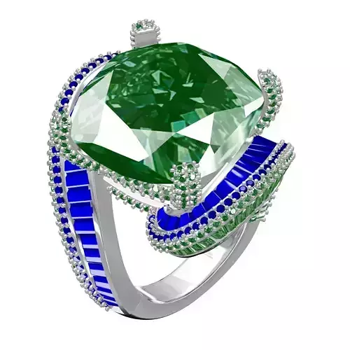 Green and Blue Sapphire Baguette Diamond Cocktail Ring