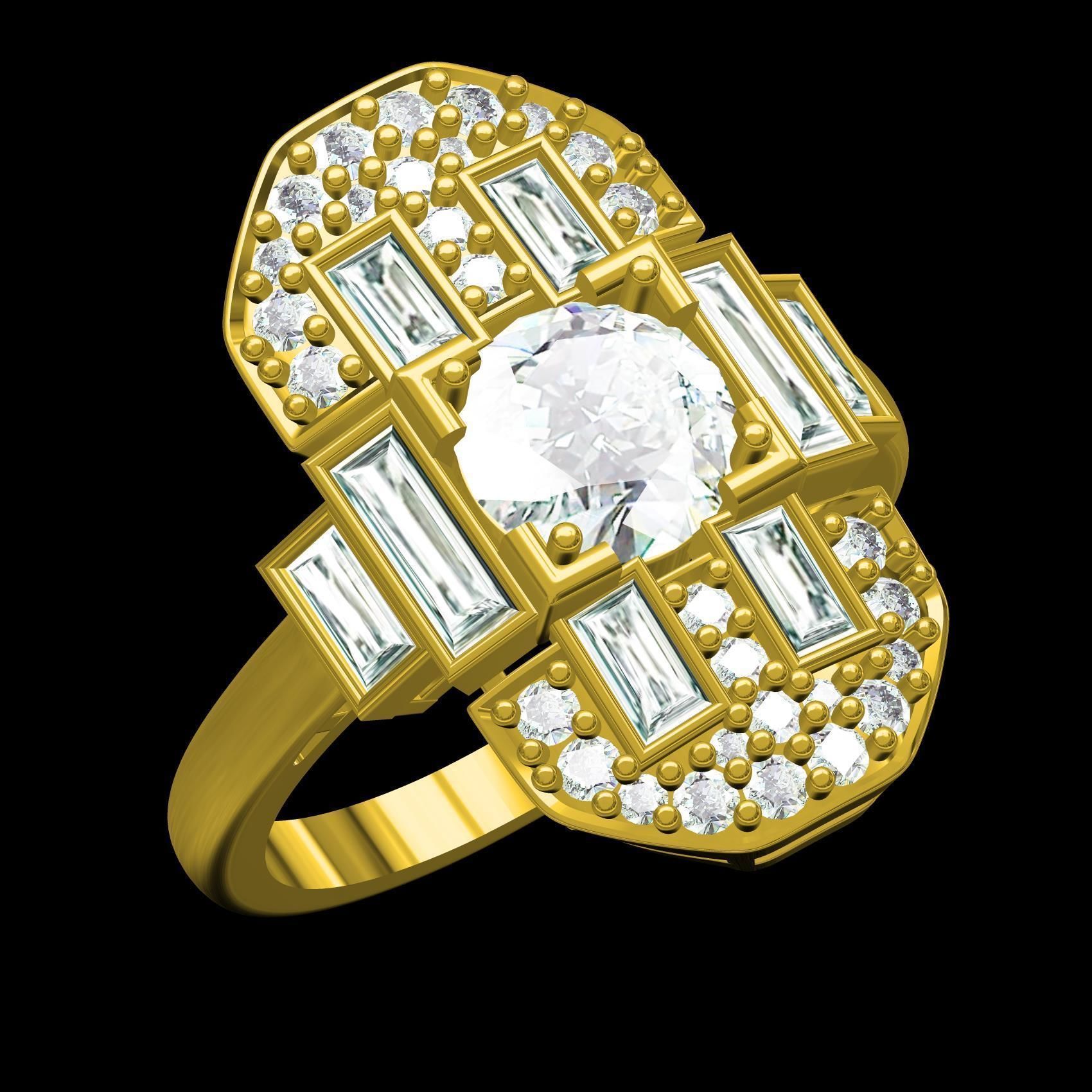 Round and Baguette Bezel Set Solitaire Engagement Ring 3D print model_11