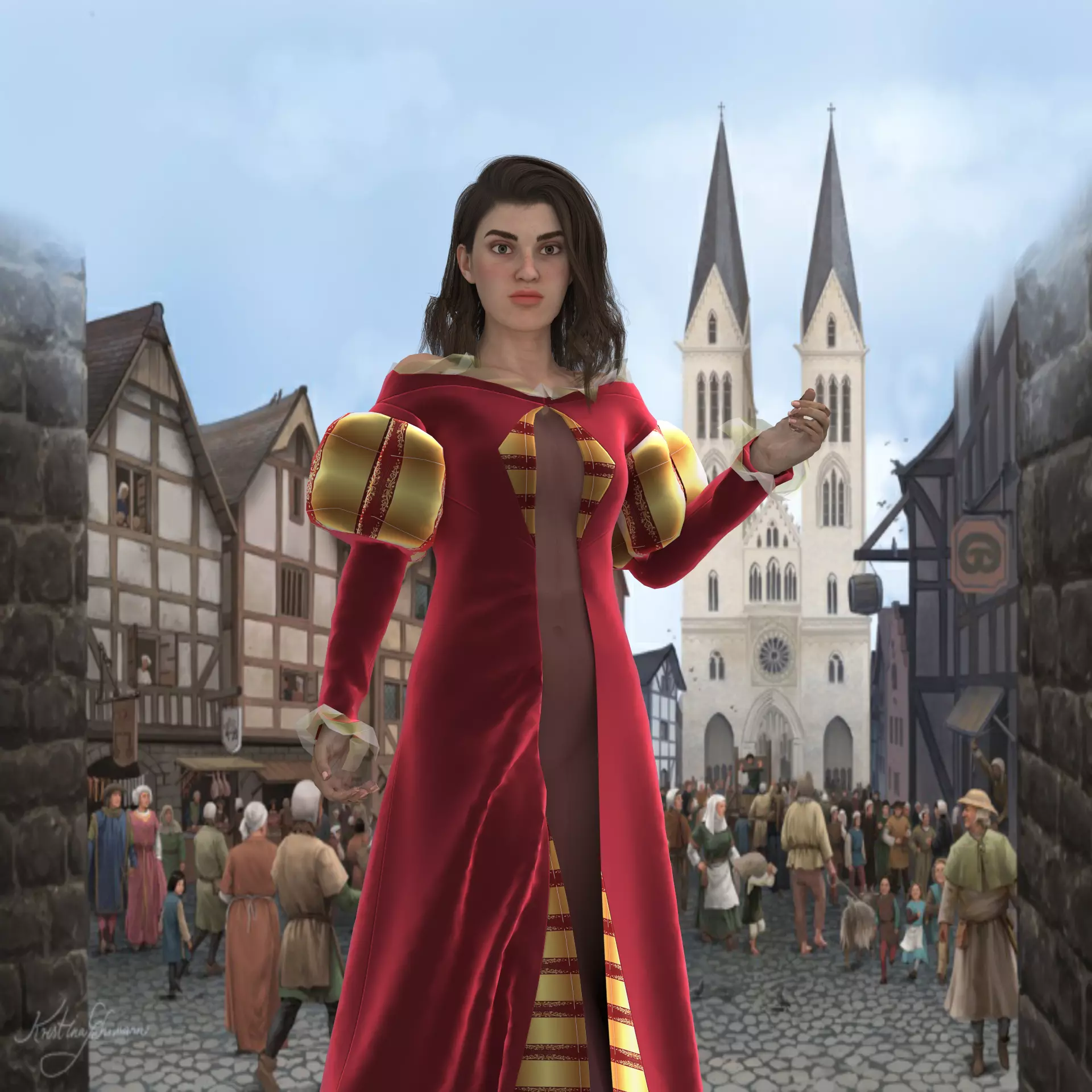 Medieval Girl-Female Character and Dress 3D model