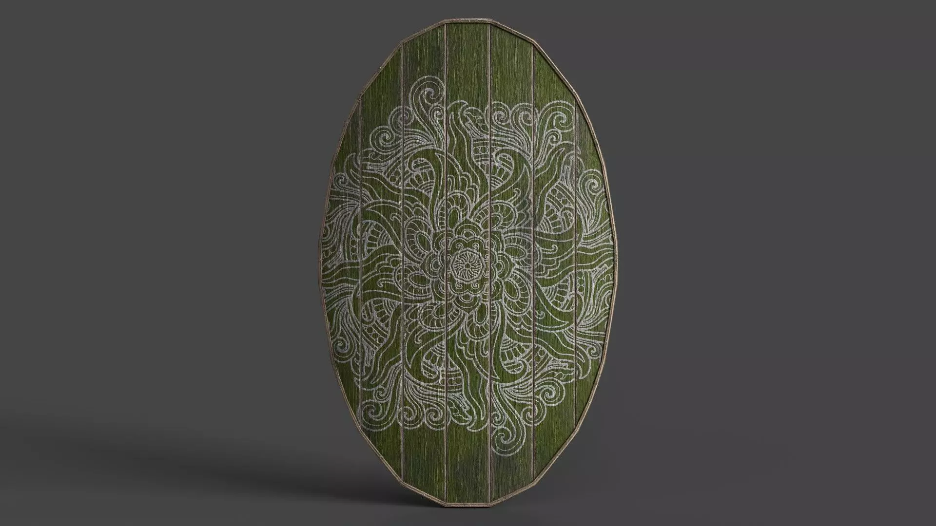 Slavic ellipse shield-painted green with flower symbol Low-poly 3D model_0