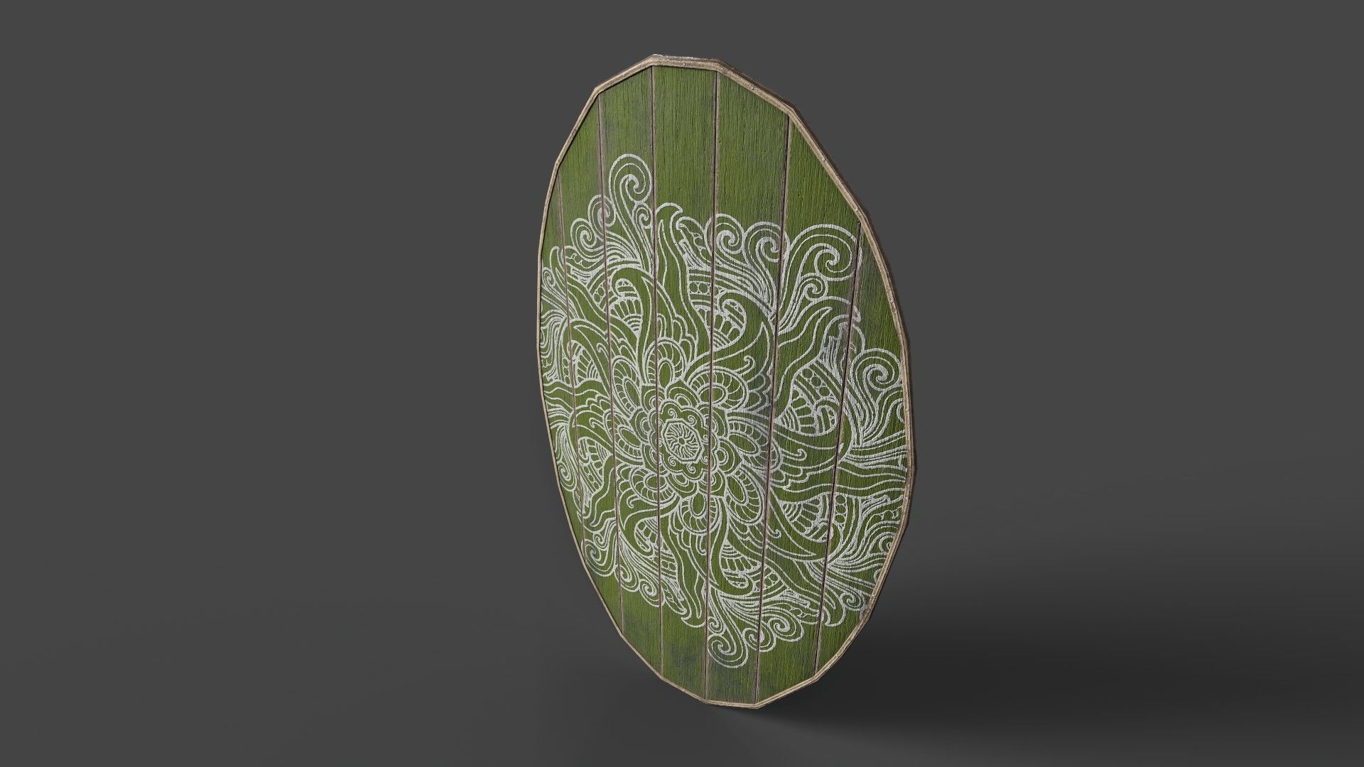 Slavic ellipse shield-painted green with flower symbol Low-poly 3D model_5