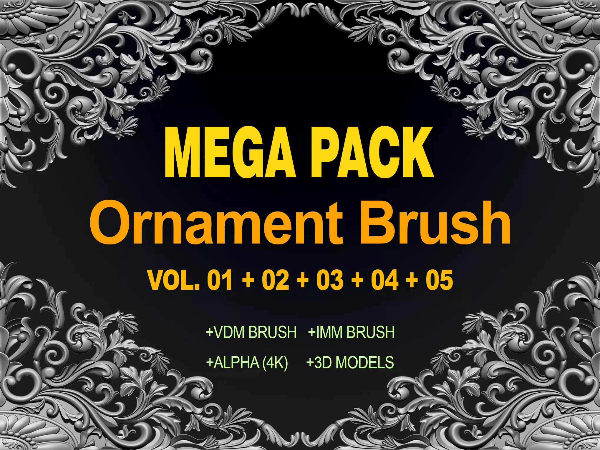 ORNAMENT BRUSHES ALPHA and 3D MODEL- VOL 01 - 02 - 03 - 04 - 05 3D Model Collection_0