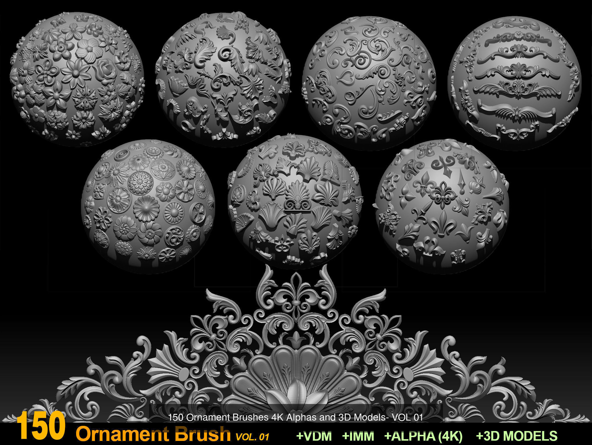 ORNAMENT BRUSHES ALPHA and 3D MODEL- VOL 01 - 02 - 03 - 04 - 05 3D Model Collection_1