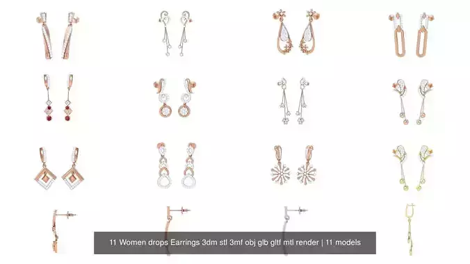 11 Women drops Earrings 3dm stl 3mf obj glb gltf mtl render 3D Model Collection