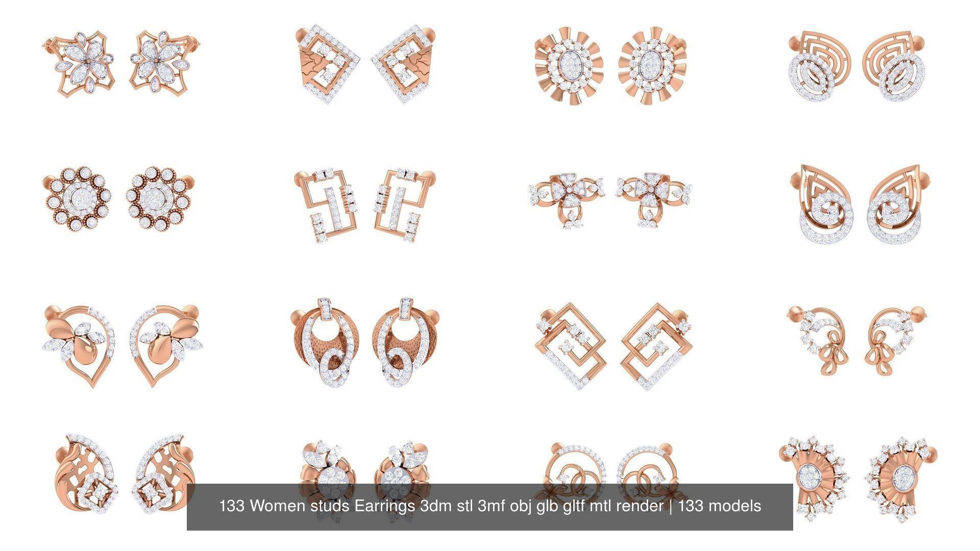 133 Women studs Earrings 3dm stl 3mf obj glb gltf mtl render 3D Model Collection_8