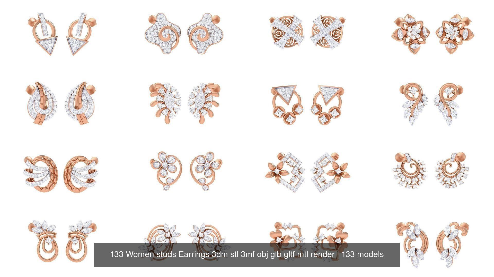 133 Women studs Earrings 3dm stl 3mf obj glb gltf mtl render 3D Model Collection_4