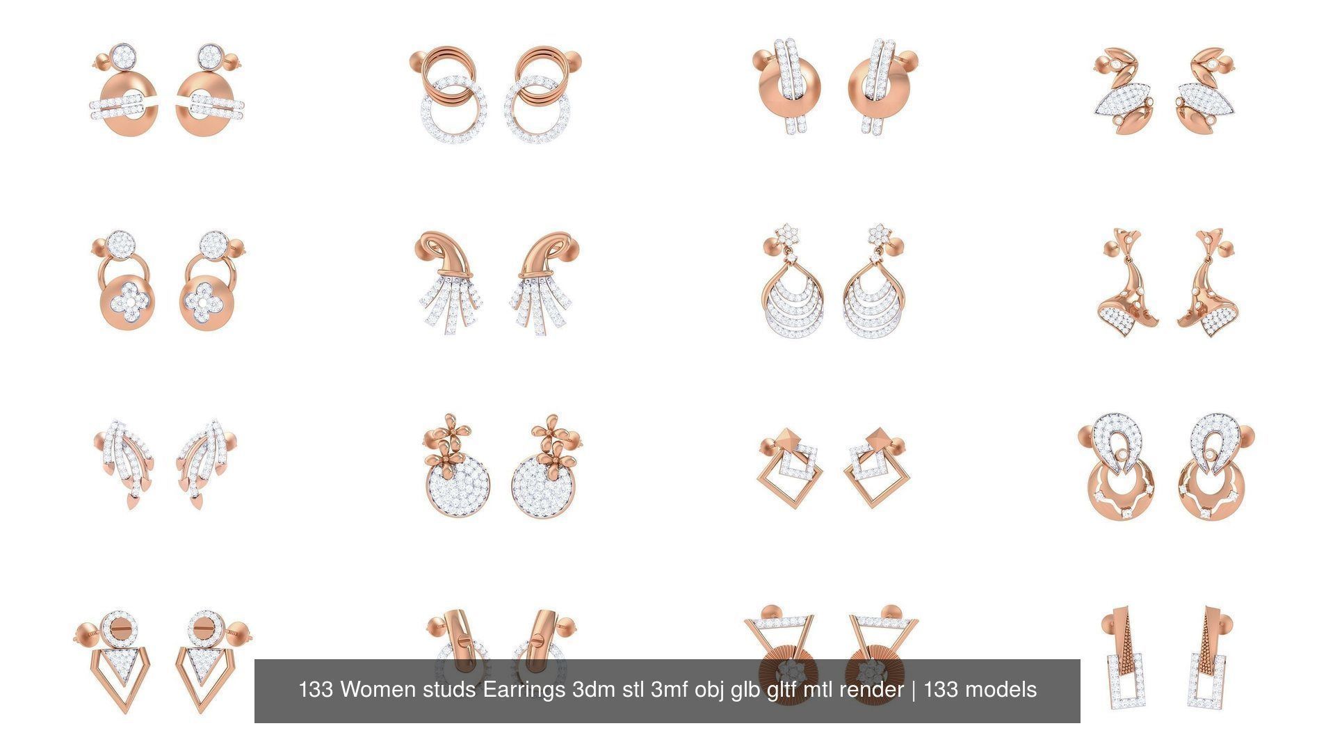 133 Women studs Earrings 3dm stl 3mf obj glb gltf mtl render 3D Model Collection_14