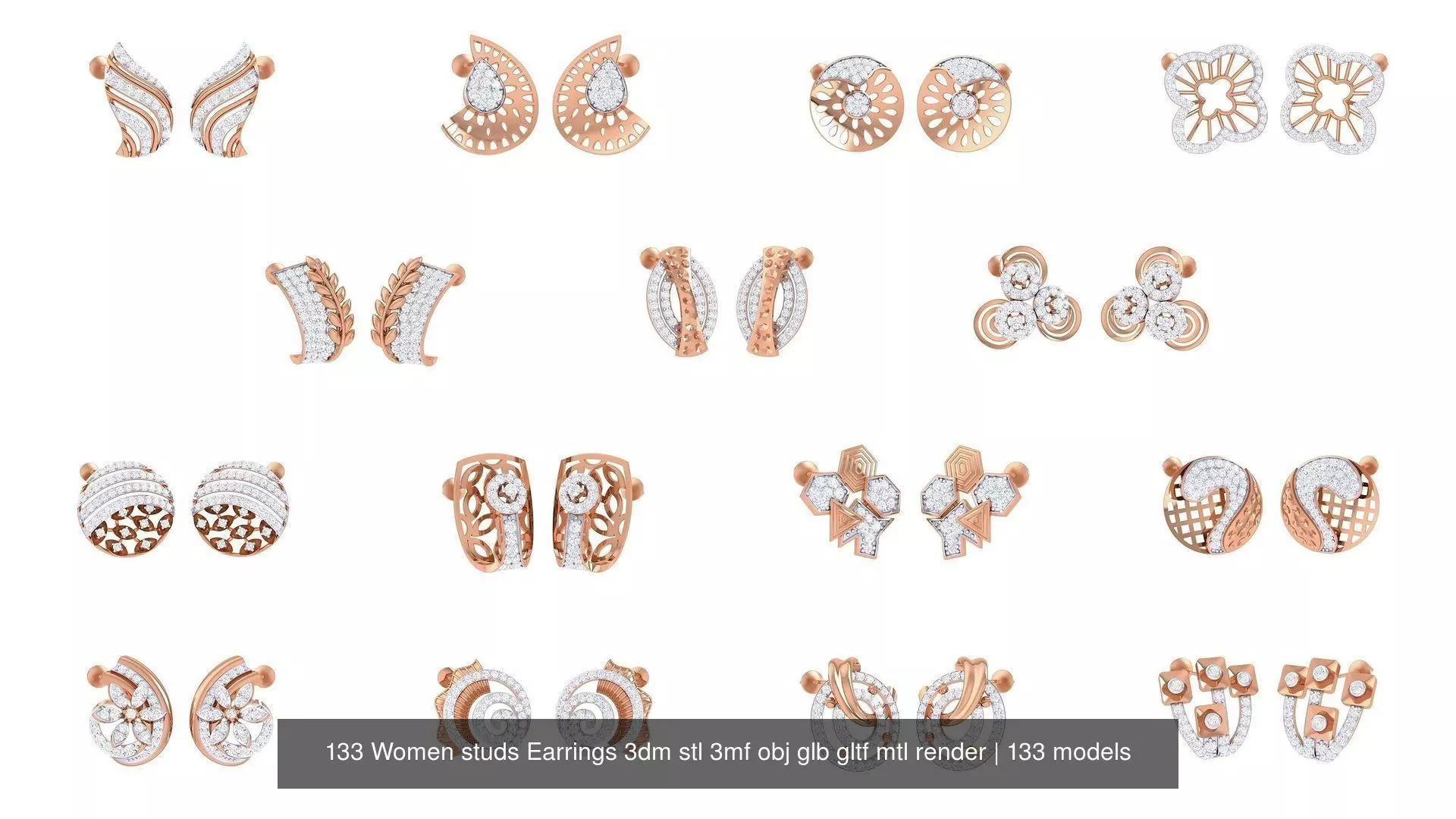133 Women studs Earrings 3dm stl 3mf obj glb gltf mtl render 3D Model Collection_0
