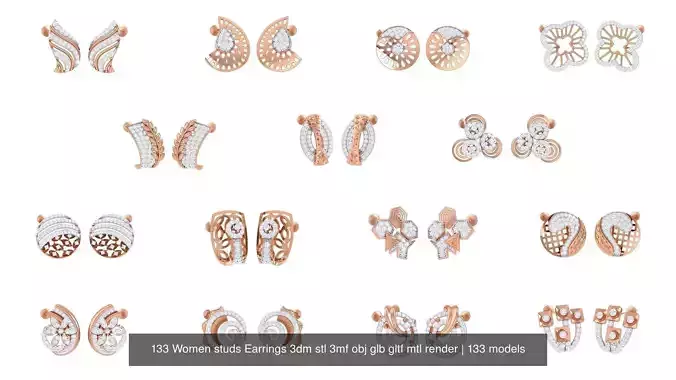 133 Women studs Earrings 3dm stl 3mf obj glb gltf mtl render 3D Model Collection