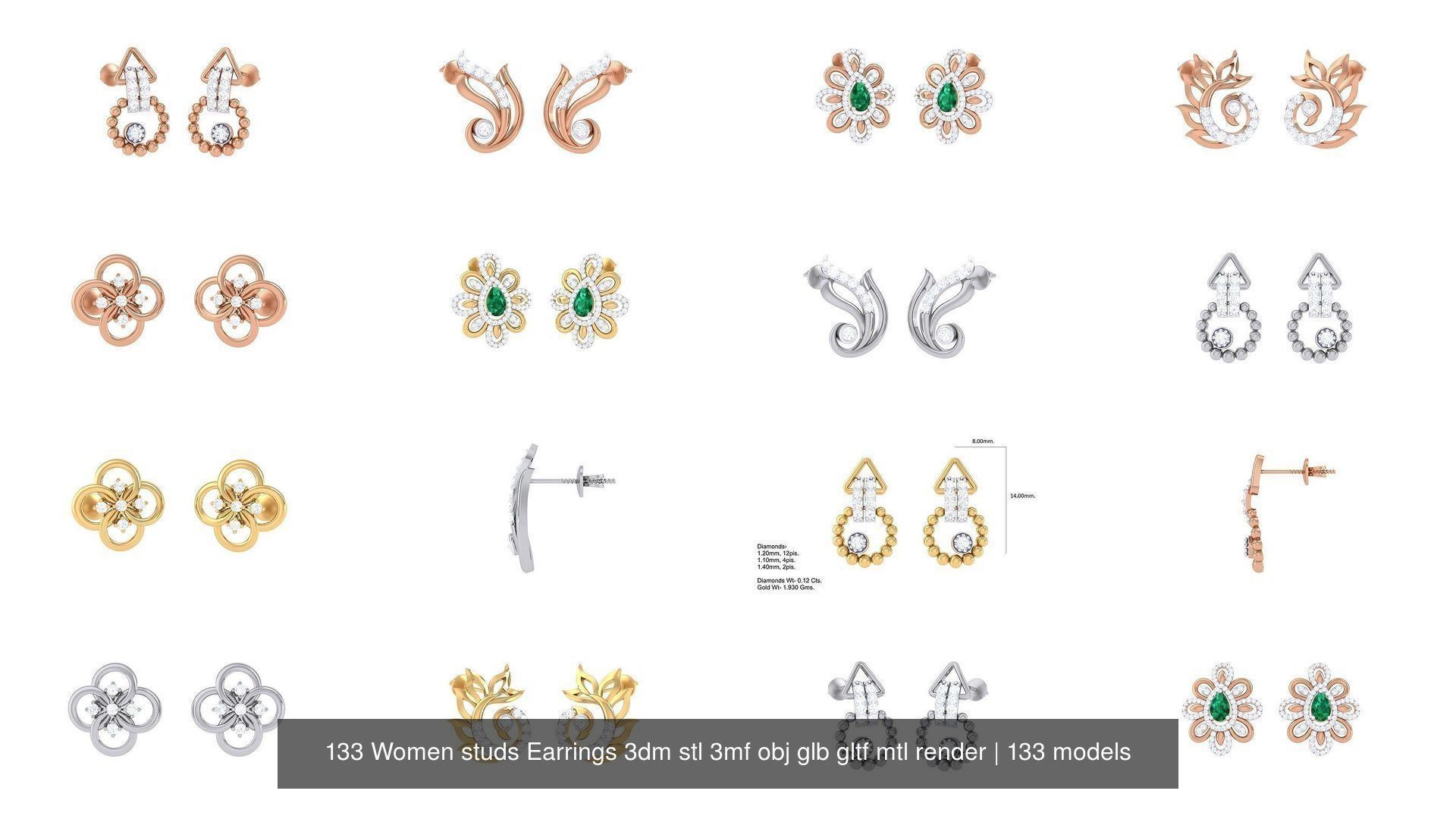 133 Women studs Earrings 3dm stl 3mf obj glb gltf mtl render 3D Model Collection_16