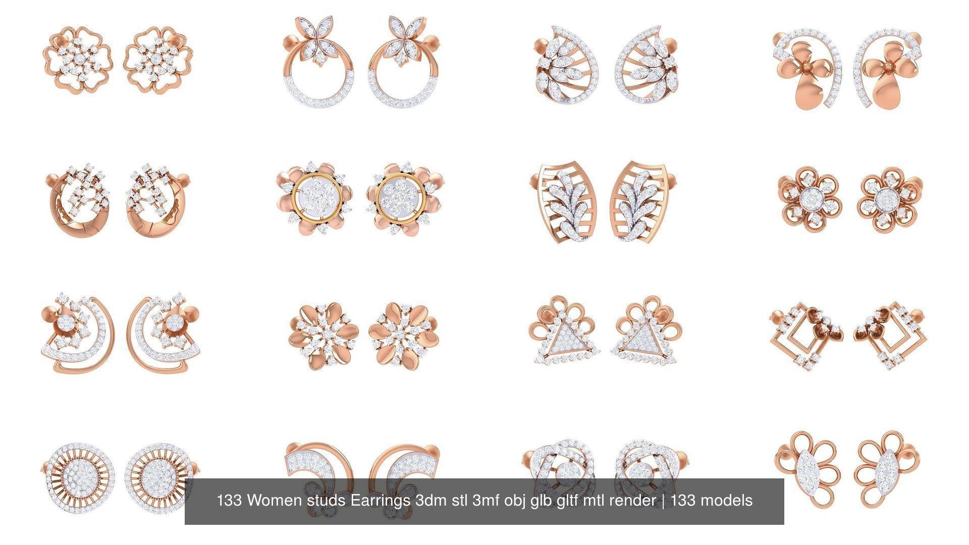 133 Women studs Earrings 3dm stl 3mf obj glb gltf mtl render 3D Model Collection_10