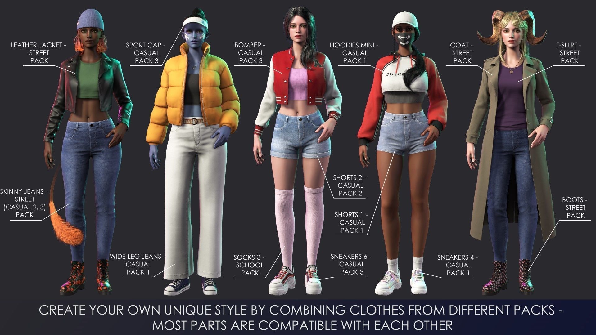 Streetwear Girl 3-9 - Casual Wear Girls Pack 3 Game-Ready Low-poly 3D model_11