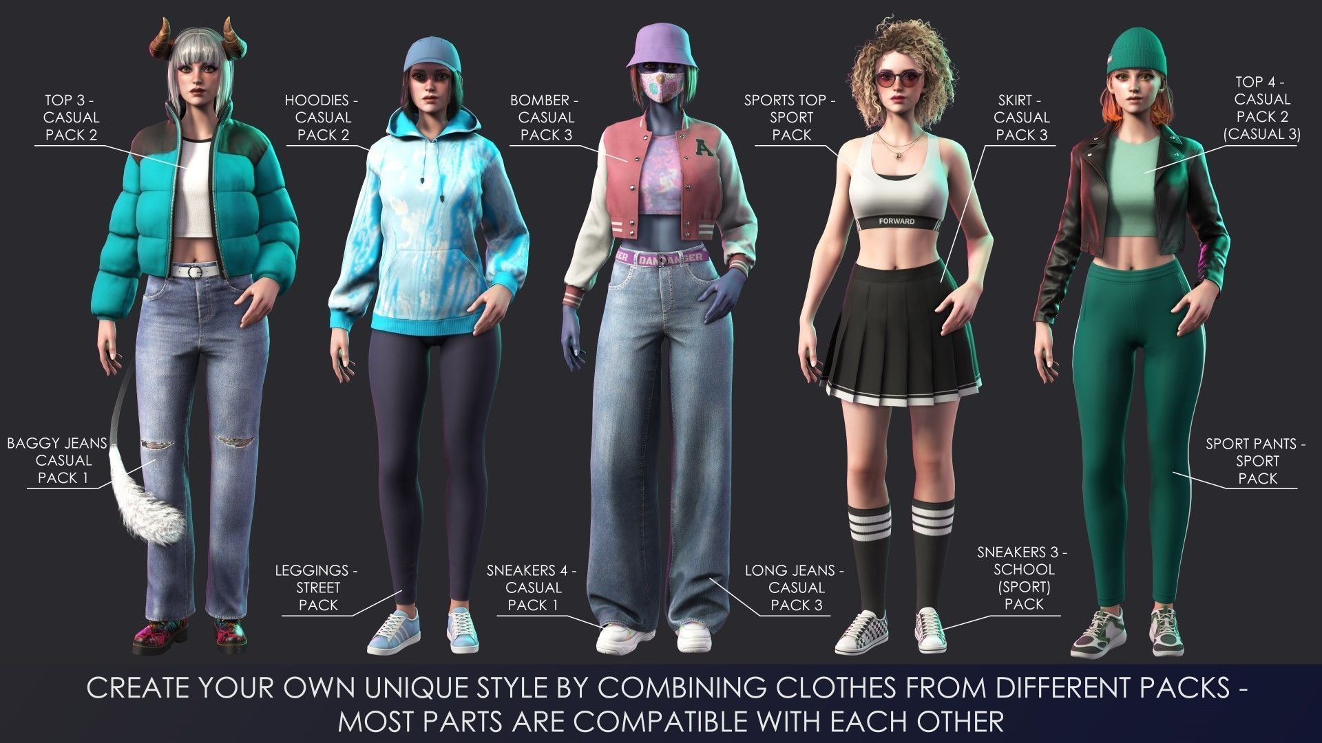 Streetwear Girl 3-9 - Casual Wear Girls Pack 3 Game-Ready Low-poly 3D model_13