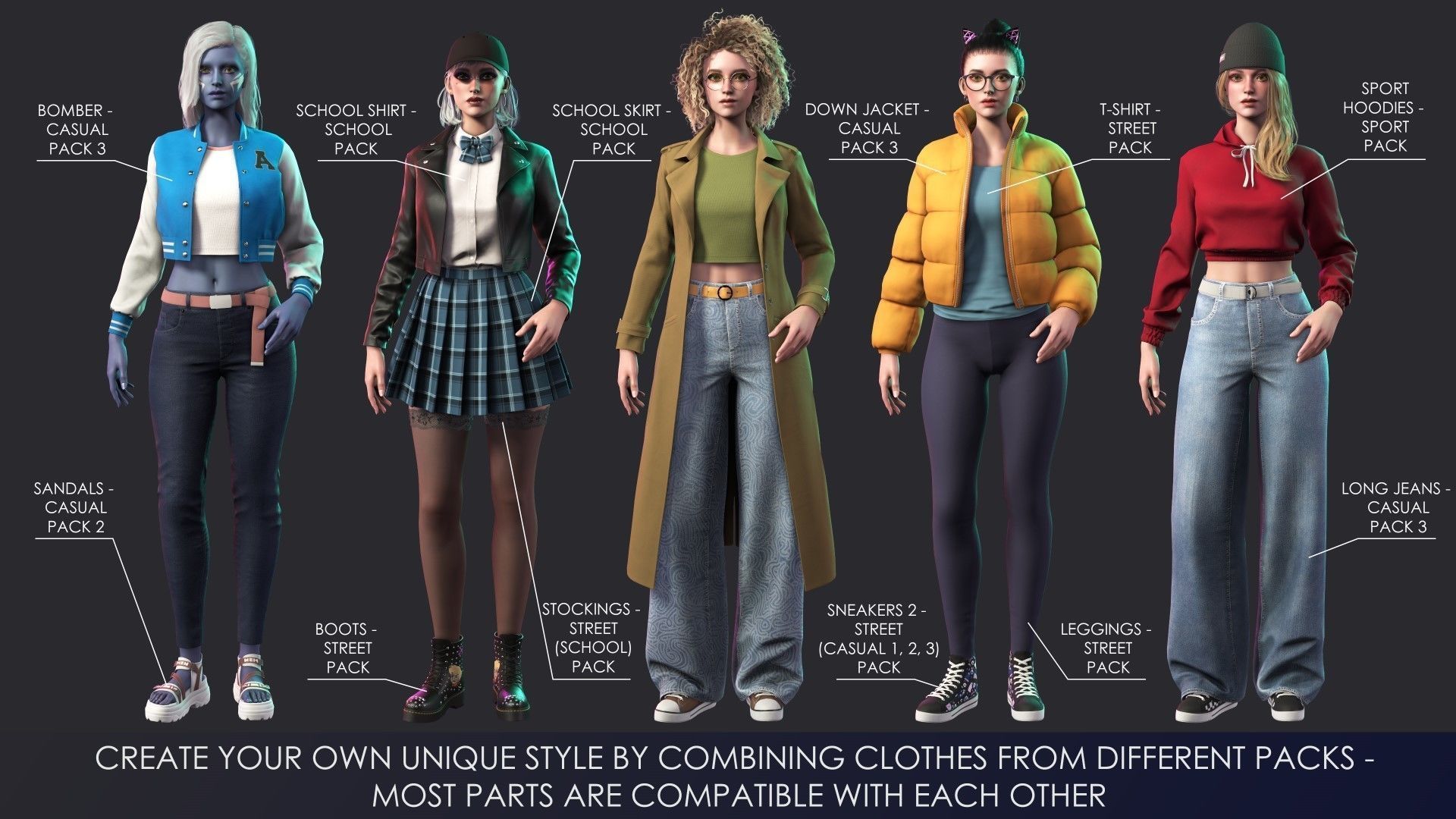 Streetwear Girl 3-12 - School Wear Girls Pack Game-Ready Low-poly 3D model_15