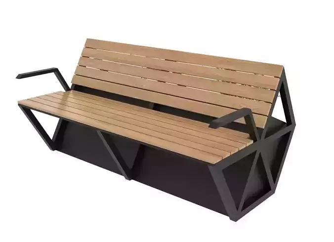 Polygonal wood and metal bench with flowerbox