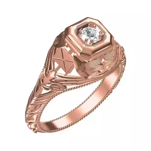 Unique Single Stone engraving Art Deco Ring