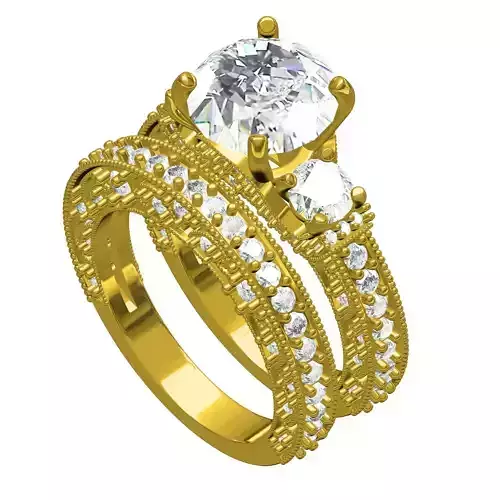 Antique Three Stone Art Deco Engagement Ring with Band