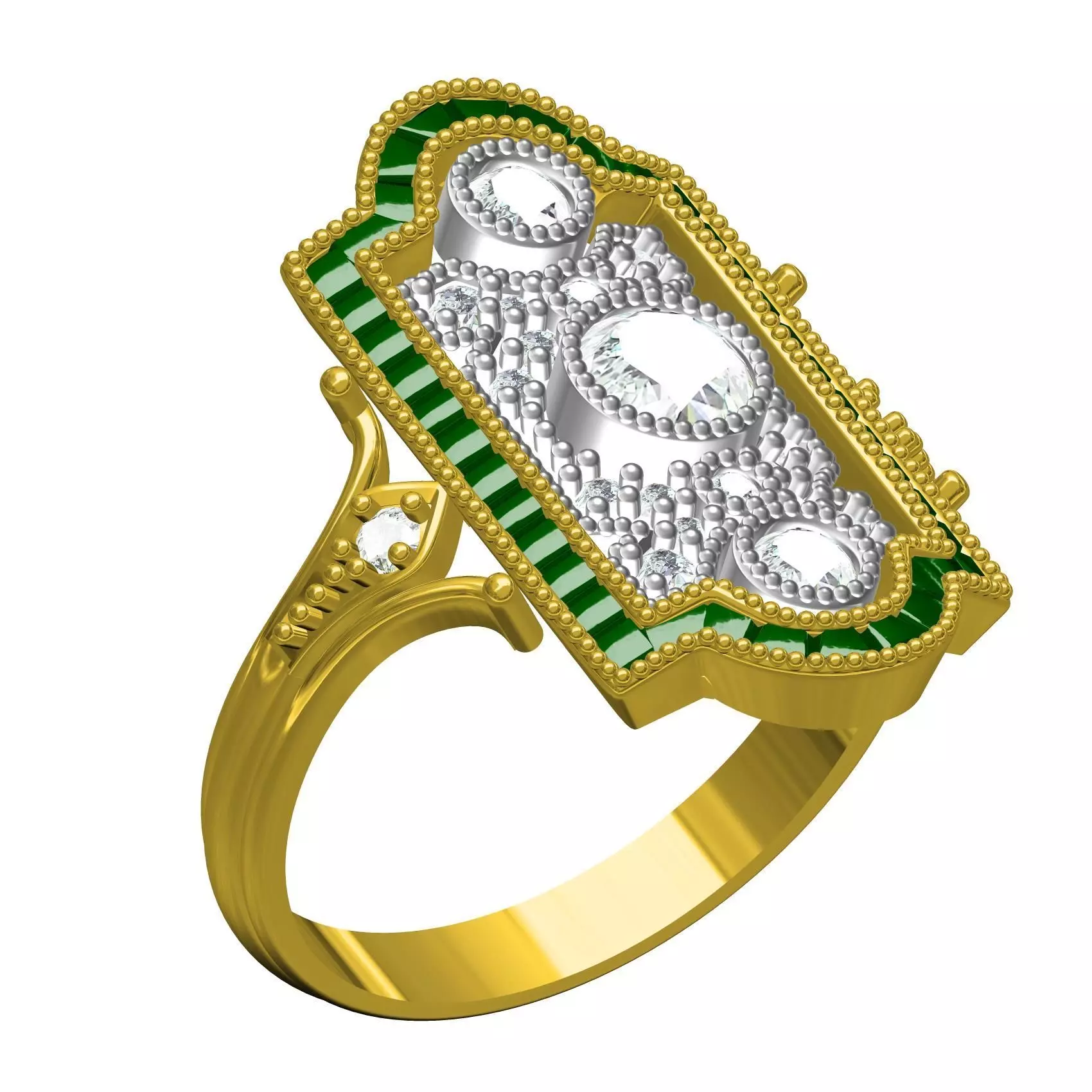 Green Baguette and Three Stone Art Deco Wedding Bride Ring 3D print model