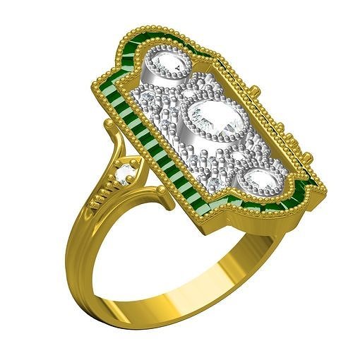 Green Baguette and Three Stone Art Deco Wedding Bride Ring 3D print model