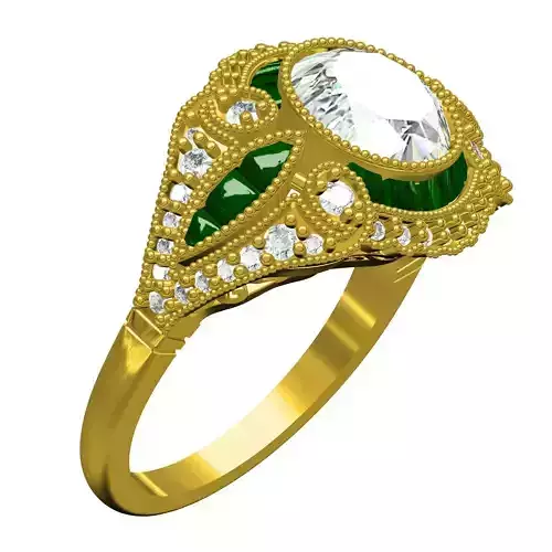 Unique Large Round Diamond Bezel Set Art Deco Ring