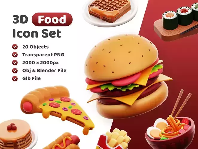 Food Icon Pack 3D Model Low-poly 3D model