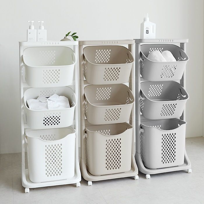 Modern Trolley Swing 3 Tier Laundry Basket 3D model_1