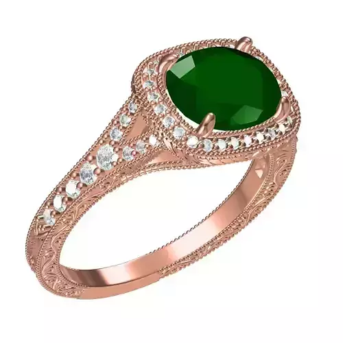 Oval Stone Round Diamond Halo Engraving Filigree Engagement Ring