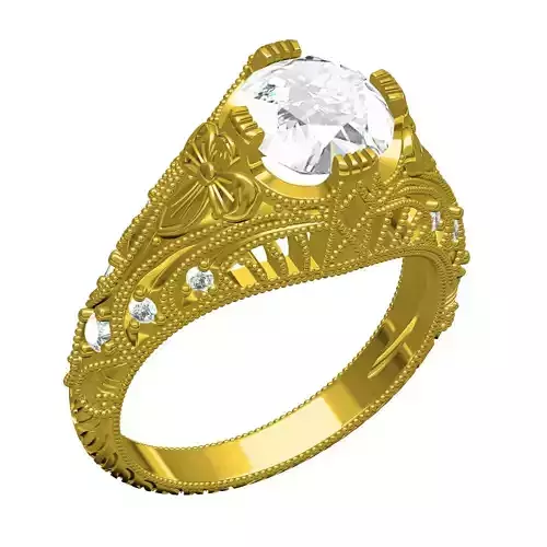 Single Round Diamond Engraving Design Engagement Ring