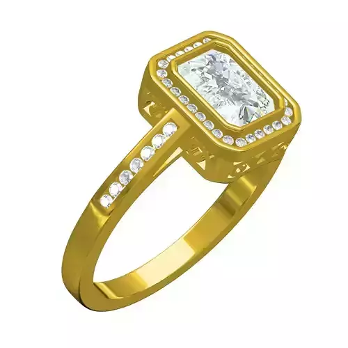 Emerald Stone Bezel Set Round Diamond Halo Solitaire Ring