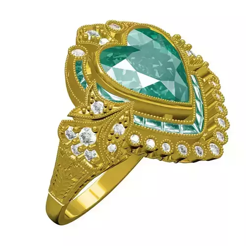 Unique Heart Stone Art Deco Ring