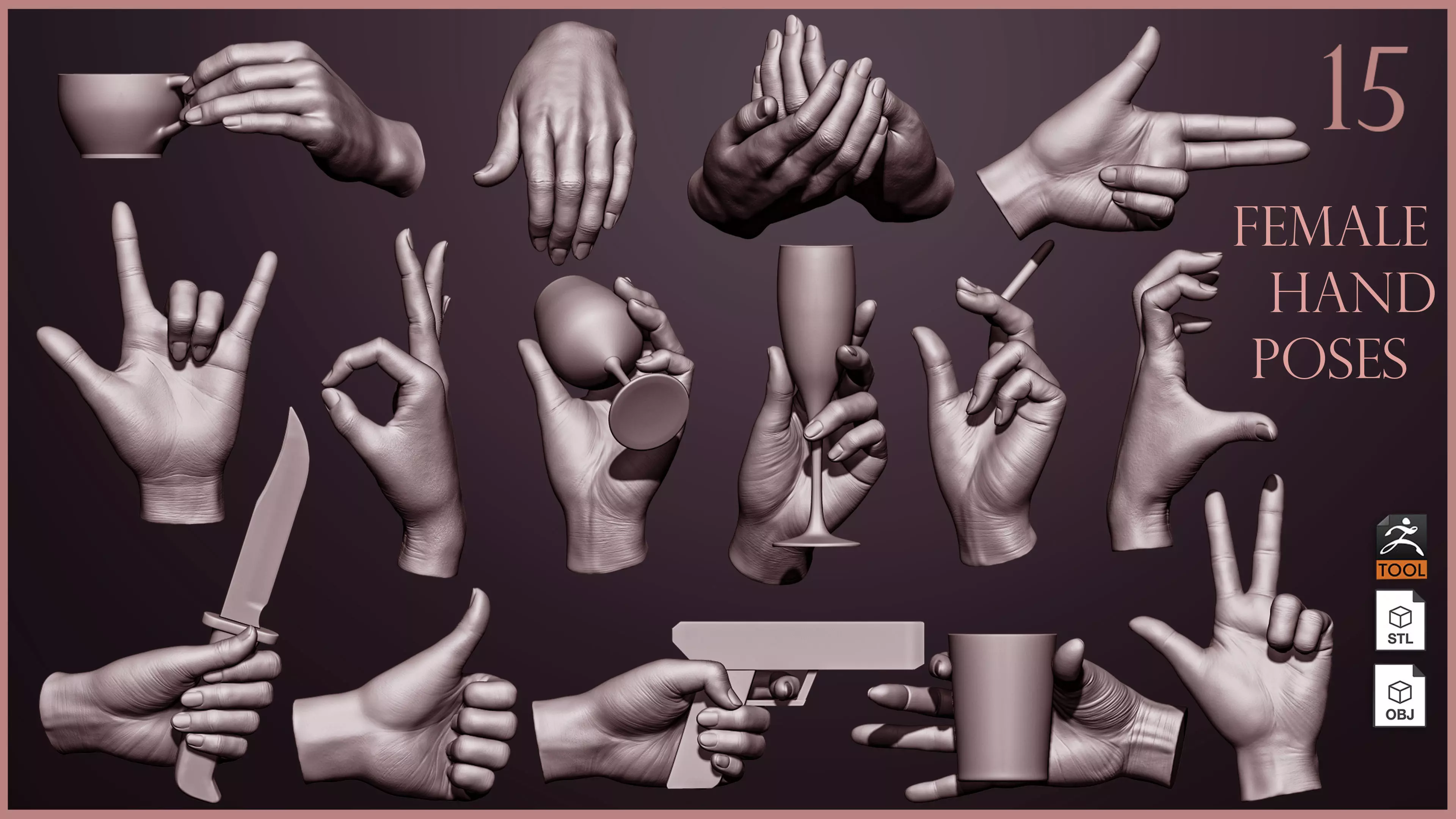15 Female hand poses 3D model_0