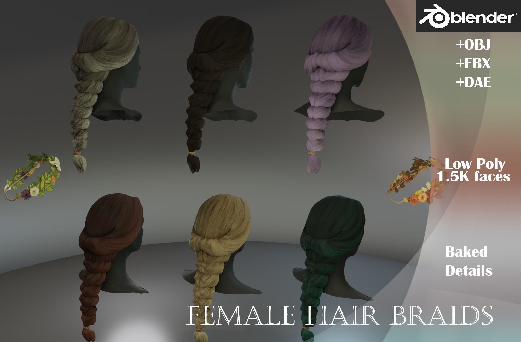 Low poly Braided Hair with Flower Crown Low-poly 3D model_9
