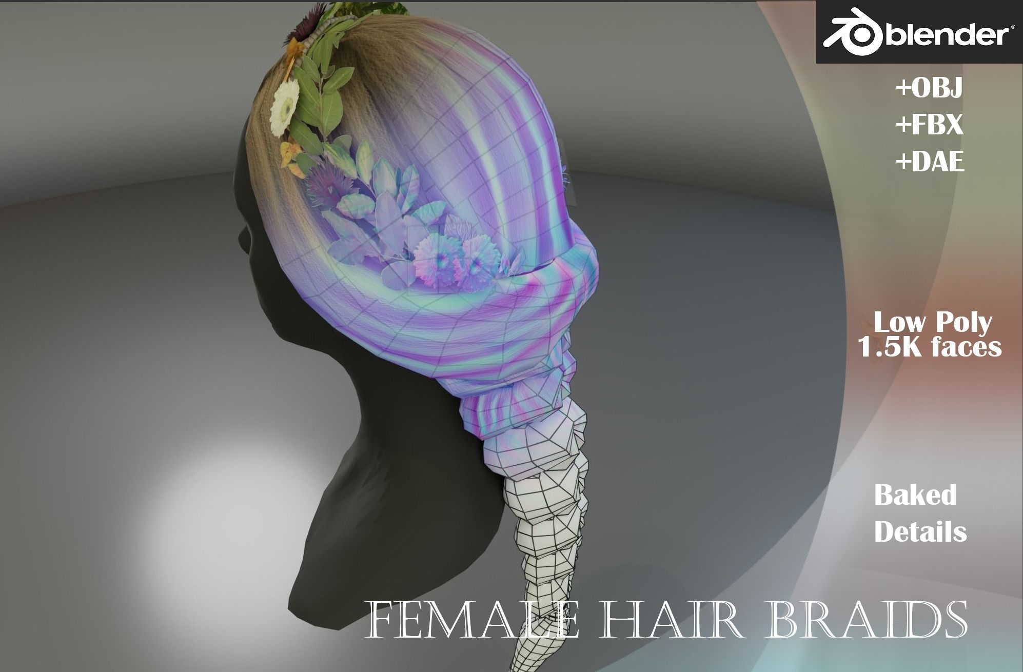 Low poly Braided Hair with Flower Crown Low-poly 3D model_8
