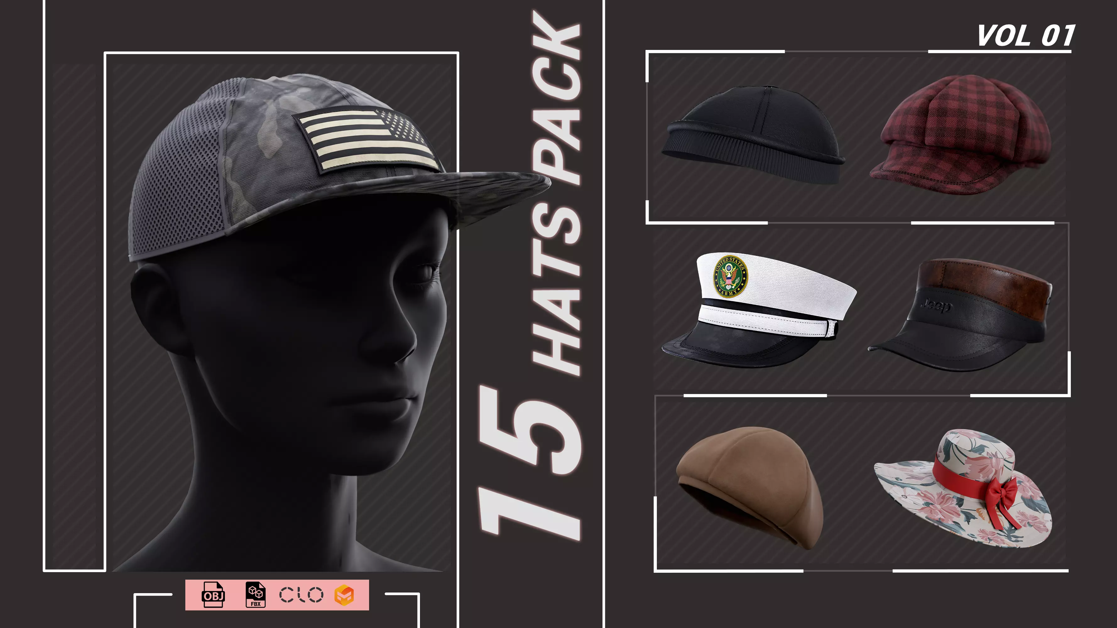 15 Hats pack - Project File ZPRJ OBJ FBX - VOL 01 3D model_0