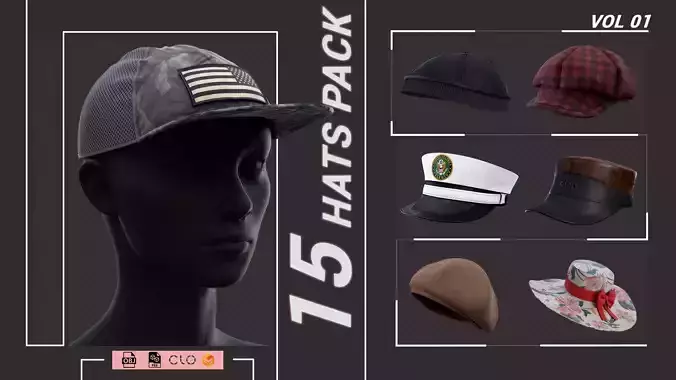 15 Hats pack - Project File ZPRJ OBJ FBX - VOL 01