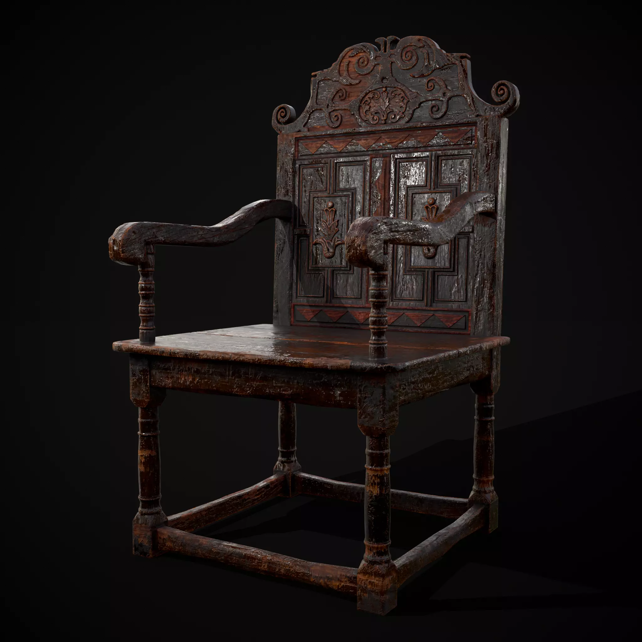 Antique Carved Chair Low-poly 3D model_0