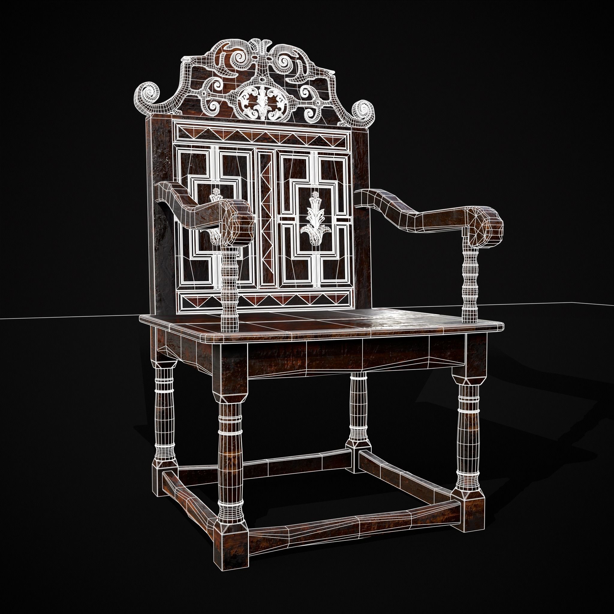 Antique Carved Chair Low-poly 3D model_34