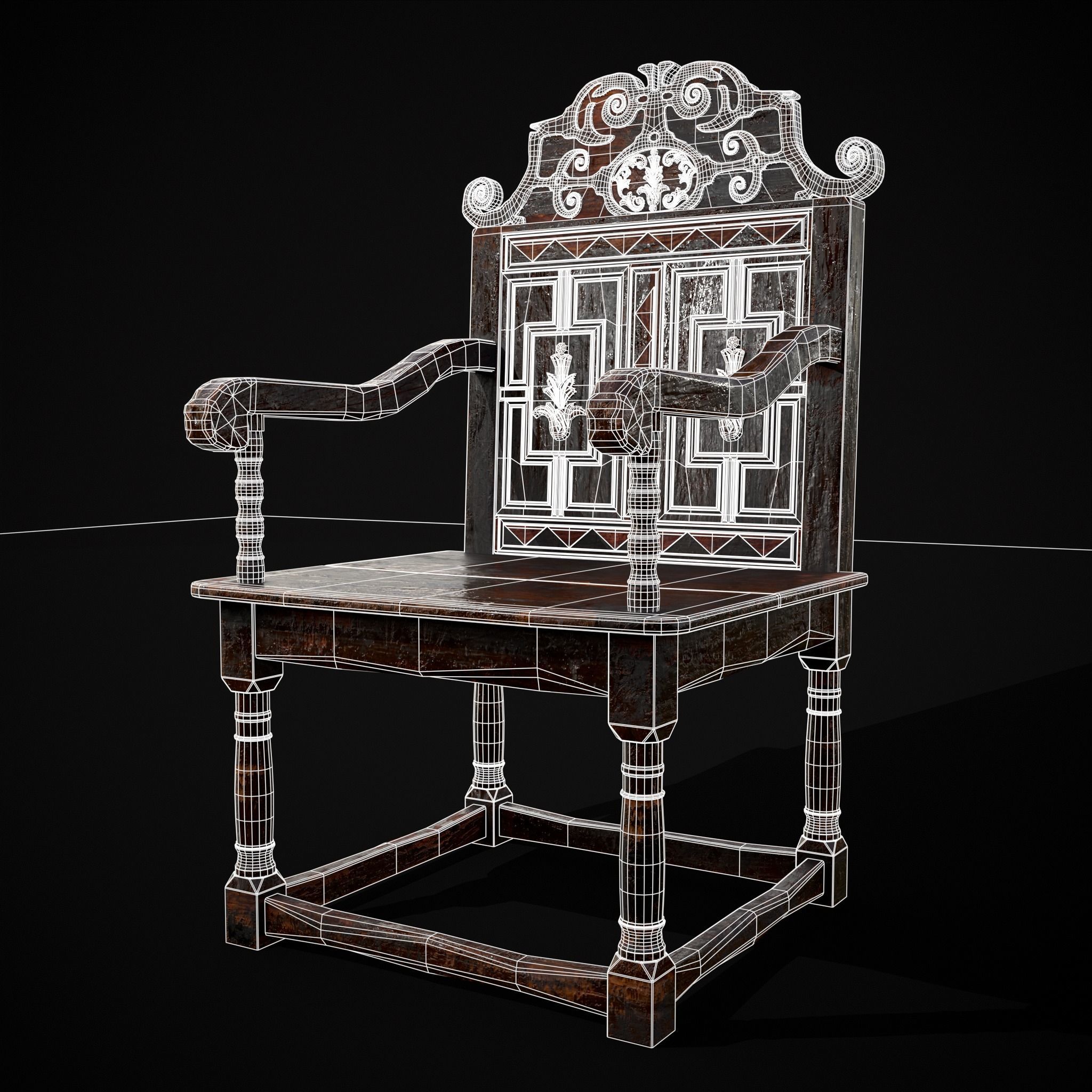 Antique Carved Chair Low-poly 3D model_2