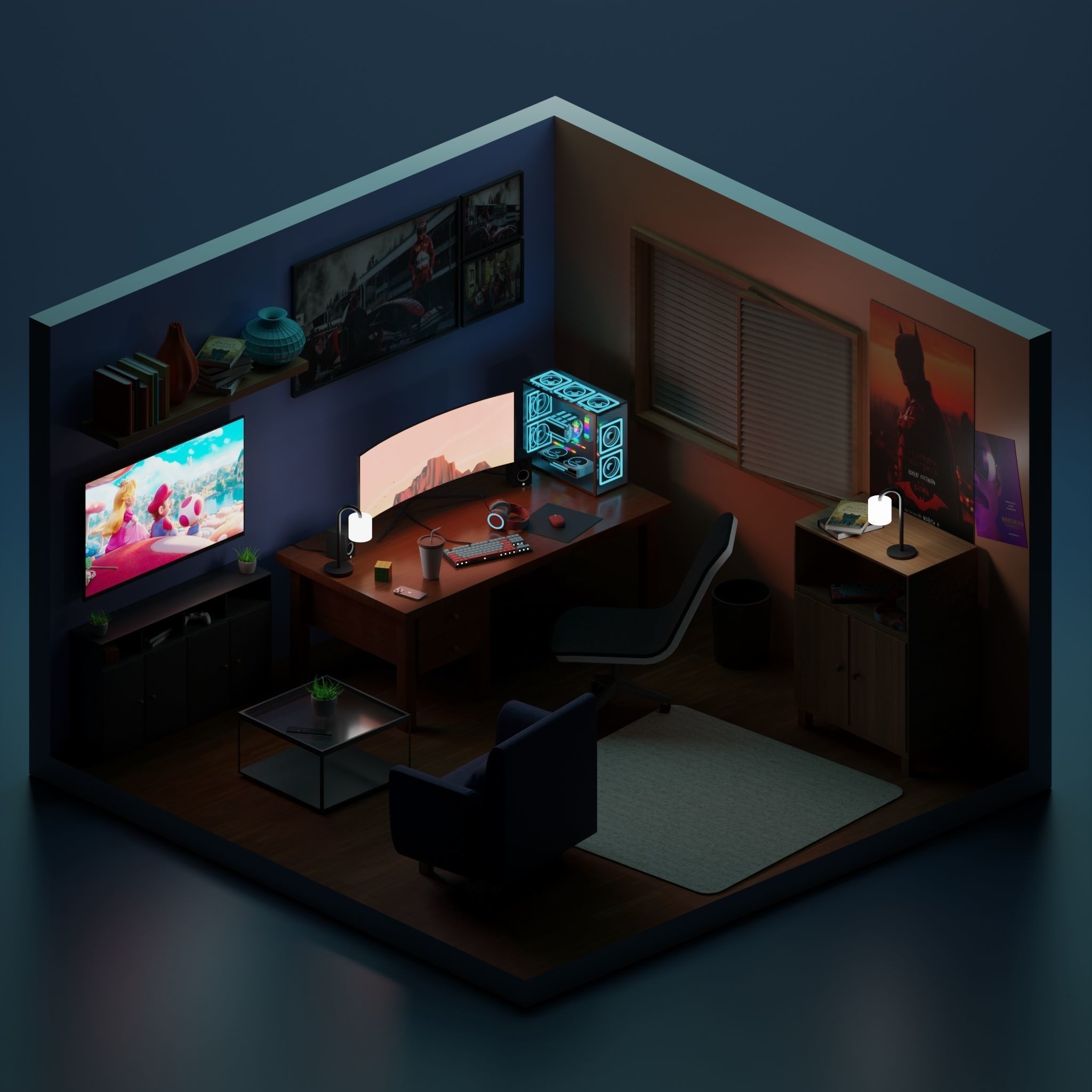 Isometric gaming room 3D model_1