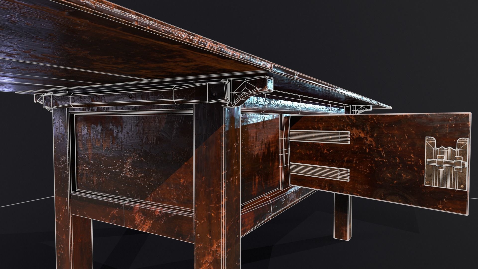 Medieval Oak Hutch Table - English table Low-poly 3D model_17